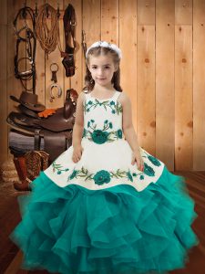 Lovely Straps Sleeveless Tulle Girls Pageant Dresses Embroidery and Ruffles Lace Up