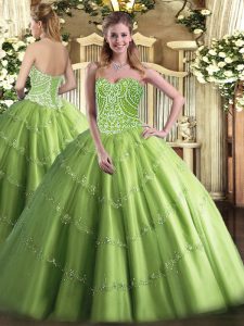 Amazing Floor Length Lace Up Vestidos de Quinceanera Olive Green for Military Ball and Sweet 16 and Quinceanera with Beading