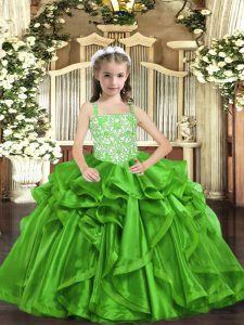 Green Ball Gowns Straps Sleeveless Organza Floor Length Lace Up Beading and Ruffles Kids Formal Wear