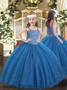 Blue Ball Gowns Beading Pageant Gowns For Girls Lace Up Tulle Sleeveless Floor Length