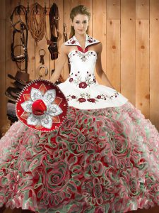 Graceful Multi-color 15 Quinceanera Dress Military Ball and Sweet 16 and Quinceanera with Embroidery Halter Top Sleeveless Sweep Train Lace Up