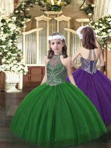 Unique Dark Green Tulle Lace Up Halter Top Sleeveless Floor Length Little Girls Pageant Gowns Beading