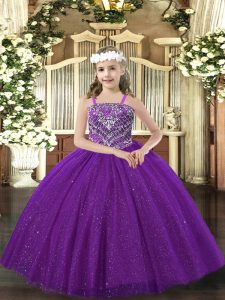 Purple Kids Formal Wear Party and Quinceanera with Beading Straps Sleeveless Lace Up