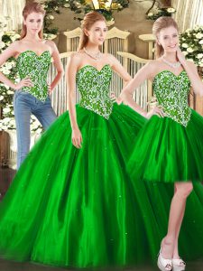 Decent Floor Length Lace Up Quinceanera Dresses Green for Military Ball and Sweet 16 and Quinceanera with Beading