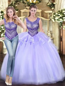 Exceptional Lavender Tulle Lace Up Quinceanera Dresses Sleeveless Floor Length Beading and Ruffles