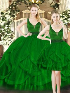 Dark Green Sleeveless Floor Length Beading and Ruffles Lace Up Sweet 16 Dress