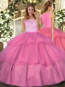 Floor Length Clasp Handle Vestidos de Quinceanera Hot Pink for Military Ball and Sweet 16 and Quinceanera with Lace and Ruffled Layers