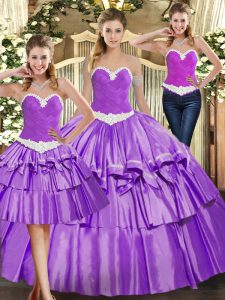 Sleeveless Floor Length Appliques and Ruffled Layers Lace Up Quinceanera Dress with Eggplant Purple
