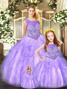 Sleeveless Organza Floor Length Lace Up Ball Gown Prom Dress in Lavender with Beading and Ruffles