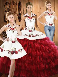 Edgy Halter Top Sleeveless Vestidos de Quinceanera Floor Length Embroidery and Ruffled Layers Wine Red Organza