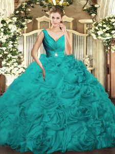 Turquoise V-neck Backless Beading and Ruching Sweet 16 Dresses Sleeveless