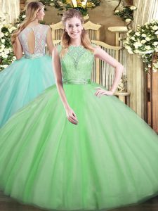 Delicate Apple Green Sleeveless Lace Floor Length Quinceanera Gowns