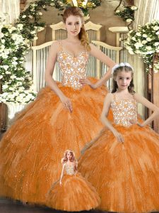 Beading and Ruffles Quinceanera Gowns Orange Red Lace Up Sleeveless Floor Length