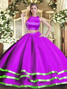 Hot Selling Tulle High-neck Sleeveless Criss Cross Ruching Quinceanera Gown in Purple