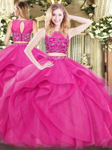Exceptional Floor Length Zipper Sweet 16 Quinceanera Dress Hot Pink for Military Ball and Sweet 16 and Quinceanera with Beading and Ruffles