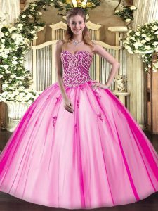 Designer Tulle Sweetheart Sleeveless Lace Up Beading Quinceanera Gown in Hot Pink