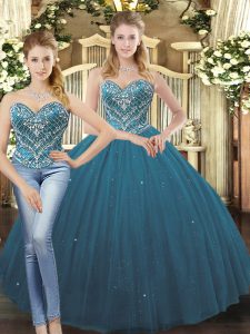 Elegant Teal Tulle Lace Up Sweetheart Sleeveless Floor Length Quince Ball Gowns Beading and Ruffles