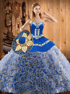 With Train Multi-color Quinceanera Gown Satin and Fabric With Rolling Flowers Sweep Train Sleeveless Embroidery