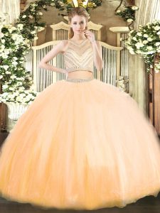 Customized Two Pieces 15th Birthday Dress Gold Scoop Tulle Sleeveless Floor Length Zipper