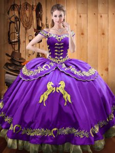 Off The Shoulder Sleeveless Lace Up Ball Gown Prom Dress Purple Satin and Organza