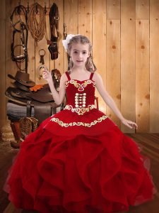 Best Sleeveless Floor Length Embroidery and Ruffles Lace Up Pageant Dress Wholesale with Wine Red