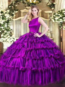 Pretty Eggplant Purple Ball Gowns Scoop Sleeveless Organza Floor Length Clasp Handle Ruffled Layers Sweet 16 Dresses