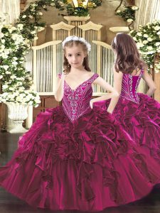 Fuchsia Ball Gowns Beading and Ruffles Child Pageant Dress Lace Up Organza Sleeveless Floor Length