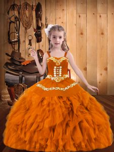 Fashionable Orange Lace Up Little Girl Pageant Dress Embroidery and Ruffles Sleeveless Floor Length