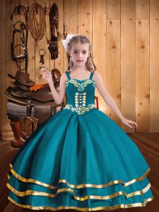 Classical Floor Length Lace Up Kids Formal Wear Teal for Party and Sweet 16 and Quinceanera and Wedding Party with Embroidery and Ruffled Layers