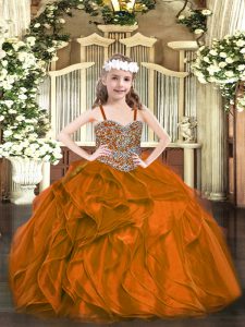 Wonderful Floor Length Rust Red Pageant Gowns For Girls Organza Sleeveless Beading and Ruffles