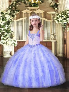 Fashionable Straps Sleeveless Little Girls Pageant Dress Wholesale Floor Length Beading and Ruffles Lavender Organza