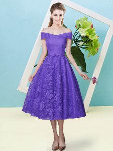 Sumptuous Lavender Cap Sleeves Tea Length Bowknot Lace Up Quinceanera Court of Honor Dress