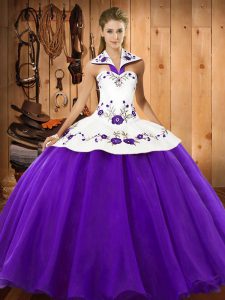 Purple Lace Up Quince Ball Gowns Embroidery Sleeveless Floor Length