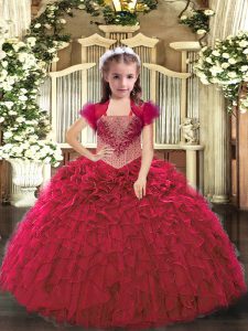 High Quality Red Organza Lace Up Straps Sleeveless Floor Length Pageant Dress Beading and Ruffles