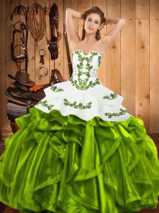 Satin and Organza Lace Up Quince Ball Gowns Sleeveless Floor Length Embroidery and Ruffles