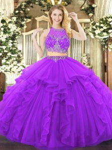 Exceptional Purple Vestidos de Quinceanera Military Ball and Sweet 16 and Quinceanera with Beading and Ruffles Scoop Sleeveless Zipper