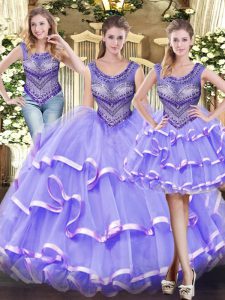 Lavender Ball Gowns Beading and Ruffled Layers Vestidos de Quinceanera Lace Up Tulle Sleeveless Floor Length