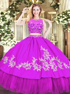 Sleeveless Tulle Floor Length Zipper 15th Birthday Dress in Purple with Beading and Appliques