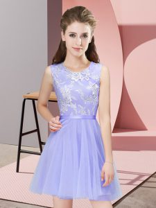Designer Scoop Sleeveless Quinceanera Court of Honor Dress Mini Length Lace Lavender Tulle