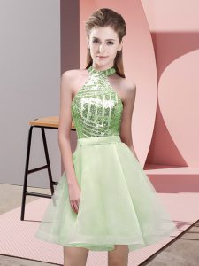 Stylish A-line Quinceanera Court of Honor Dress Yellow Green Halter Top Chiffon Sleeveless Mini Length Backless