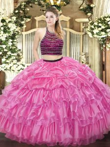 Inexpensive Rose Pink Zipper Halter Top Beading and Ruffled Layers 15 Quinceanera Dress Organza Sleeveless