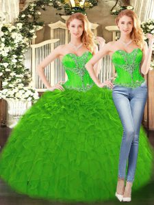 Attractive Sleeveless Floor Length Beading and Ruffles Lace Up Quinceanera Dresses with Green