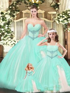 Noble Aqua Blue Ball Gowns Lace Sweetheart Sleeveless Beading Floor Length Lace Up Vestidos de Quinceanera