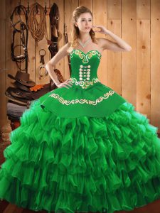 Green Sleeveless Floor Length Embroidery and Ruffled Layers Lace Up Quinceanera Dresses