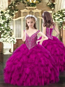 Fancy Beading and Ruffles Girls Pageant Dresses Fuchsia Lace Up Sleeveless Floor Length