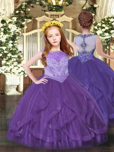 Attractive Scoop Sleeveless Pageant Dresses Floor Length Beading and Ruffles Purple Tulle