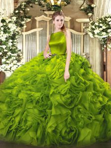 Olive Green Sleeveless Belt Floor Length Sweet 16 Dresses