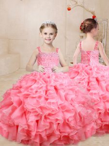 Custom Fit Watermelon Red Little Girls Pageant Dress Wholesale Sweet 16 and Quinceanera with Beading and Ruffles Straps Sleeveless Lace Up