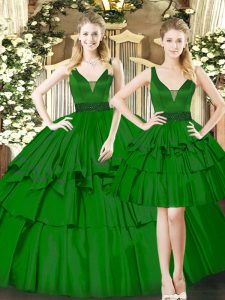 Fashionable Ball Gowns 15 Quinceanera Dress Dark Green Straps Organza Sleeveless Floor Length Lace Up