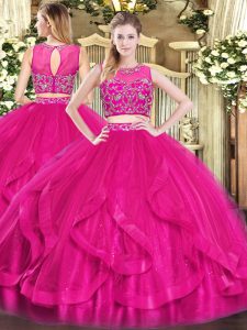 New Style Floor Length Hot Pink Quinceanera Gowns Scoop Sleeveless Zipper
